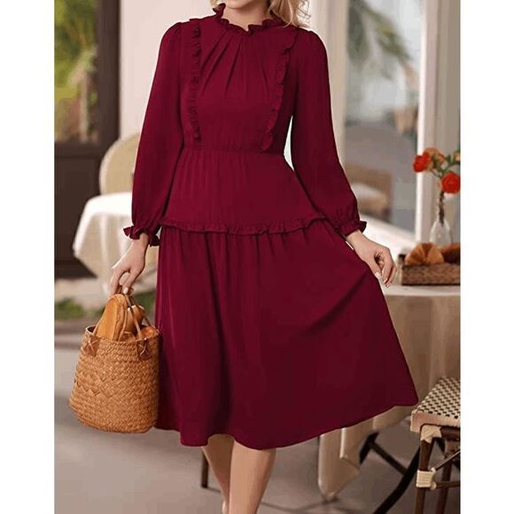 NWT Modest Elegant Long Sleeve Retro Vintage Victorian Ruffle Red Midi Dress L - Picture 5 of 16